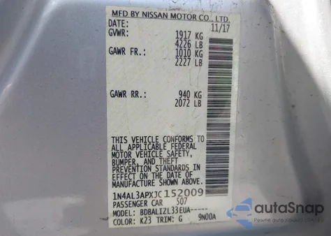 2018 Nissan Altima 2.5 Sv z USA, uszkodzony, nr VIN 1N4AL3APXJC152009